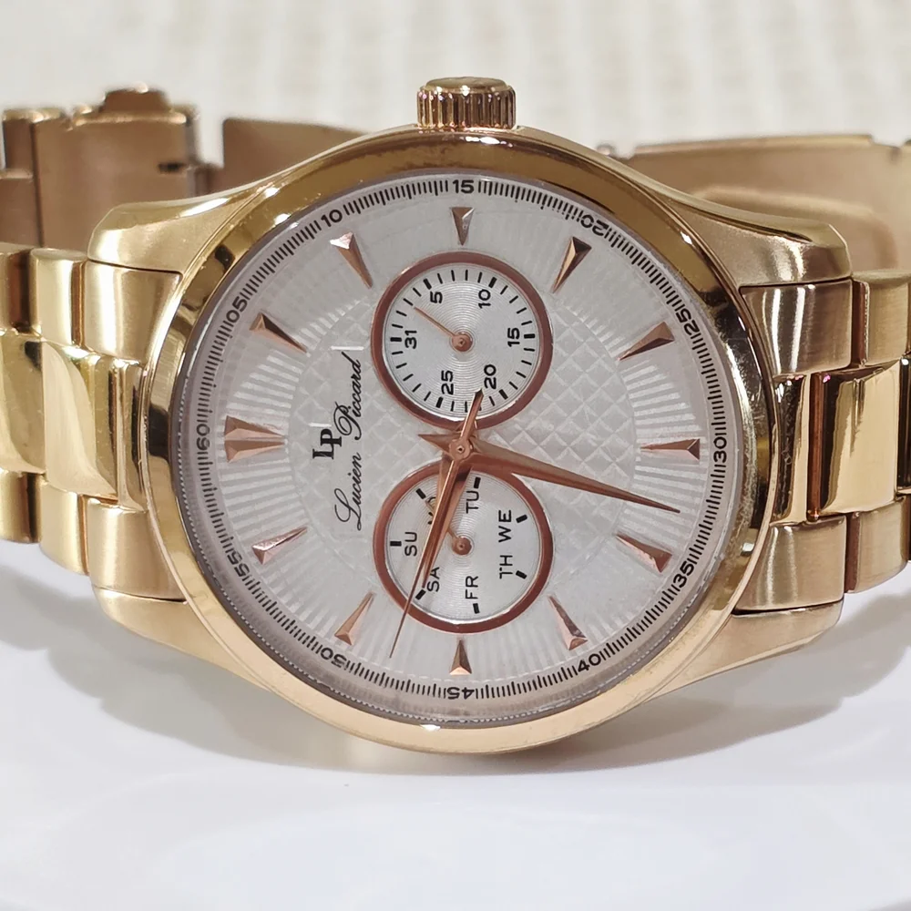 Lucien Piccard STELLAR Men's Wrist Watch Day Date Sub-Dials Rose Gold Pink